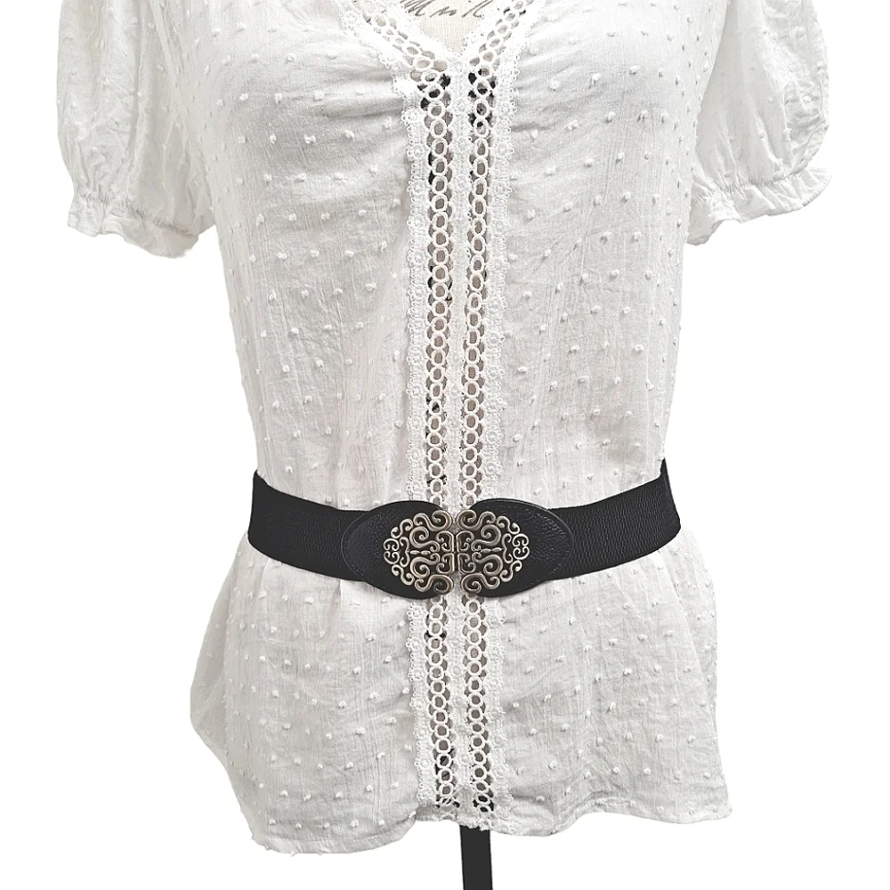 Black gold floral buckle faux leather corset boho stretch waist statement belt